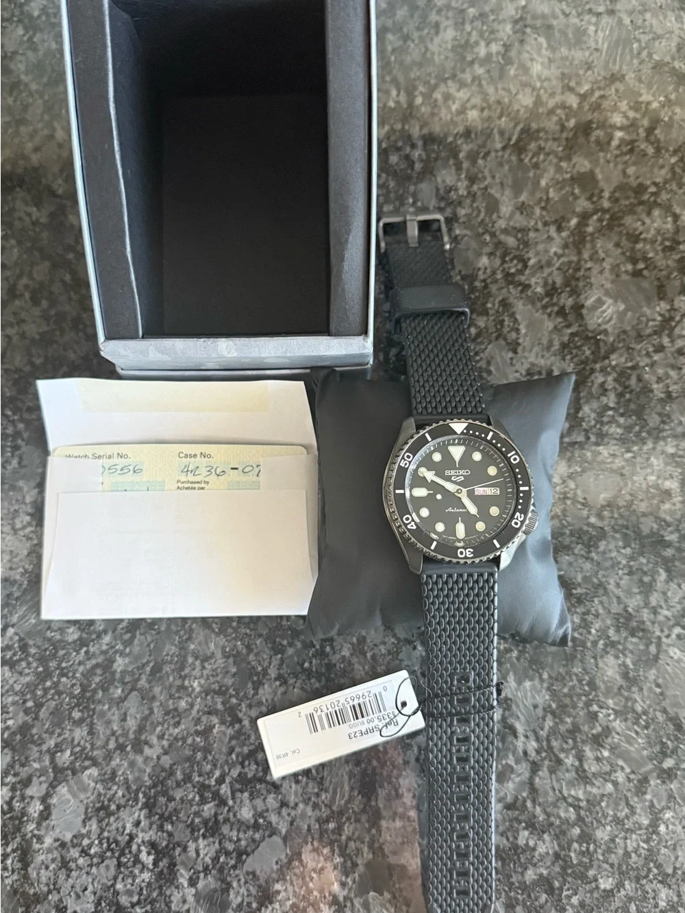 Seiko 5 Sports Automatic SRPE23 Black Dial Black With Papers, Box And Card